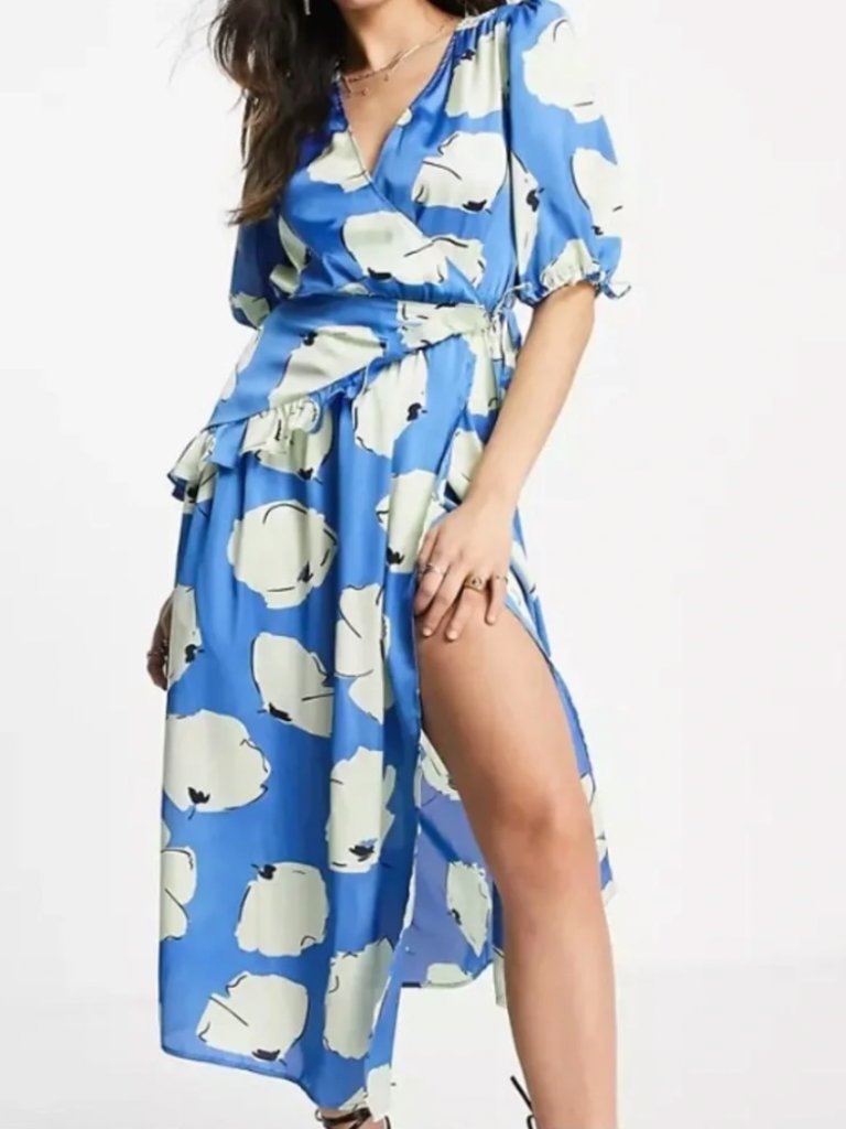 Topshop Blue Splodge Flower Ruffle Textured Wrap Midi Dress | Size 2